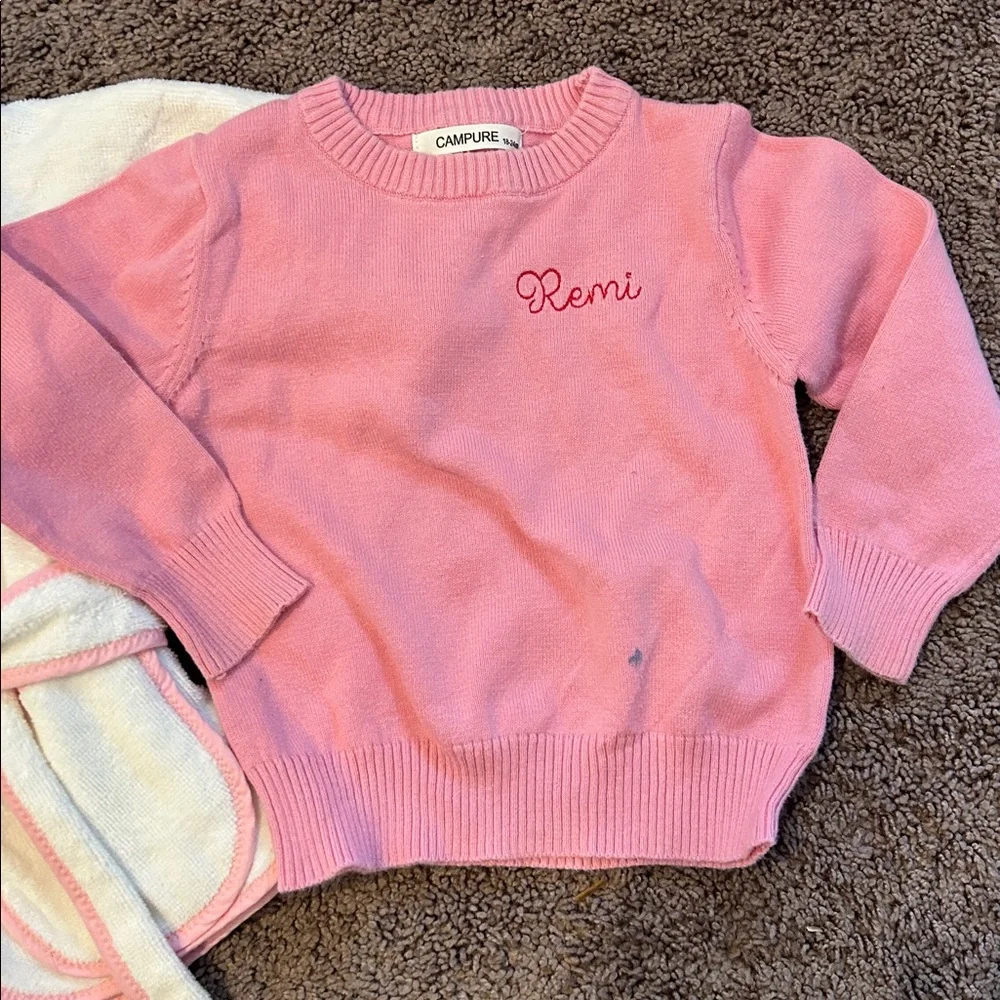 “Remi” personalized pink sweater & white robe toddler bundle!